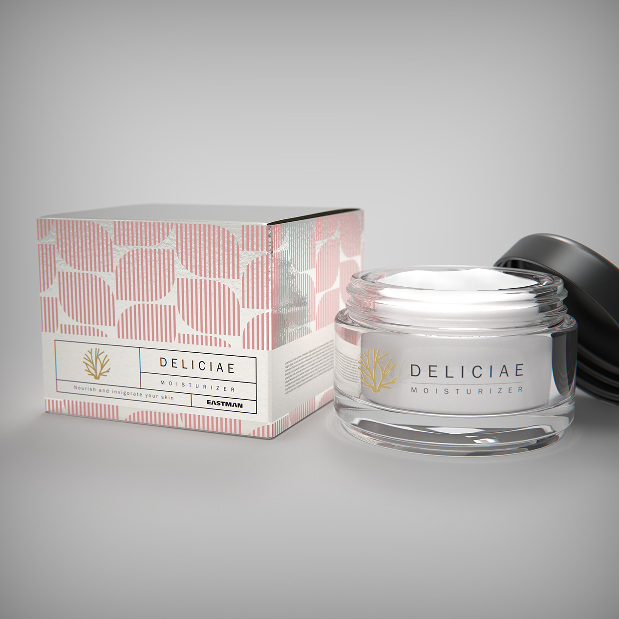 Deliciae moisturizer — soft-pink metallized paperboard box with glass jar
